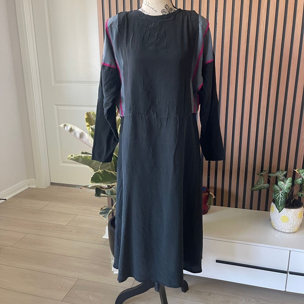 John Weitz Silk Dress Midi Long Sleeve Black Gray‎ Pink Colorblock Size 10